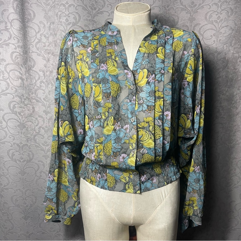 Hinge Floral Blouse - Blue and Grey Sheer Top